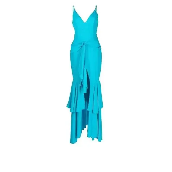 PatBO Bo Maxi Dress Turquoise Blue Viscose Ruched V-Neck Slit Resort Event 4